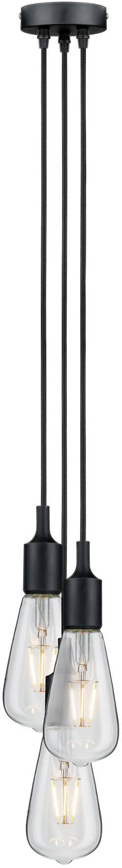 Trzy wiszące lampy sufitowe z czarnymi oprawkami i przezroczystymi żarówkami, przymocowane do okrągłej podstawy sufitowej.