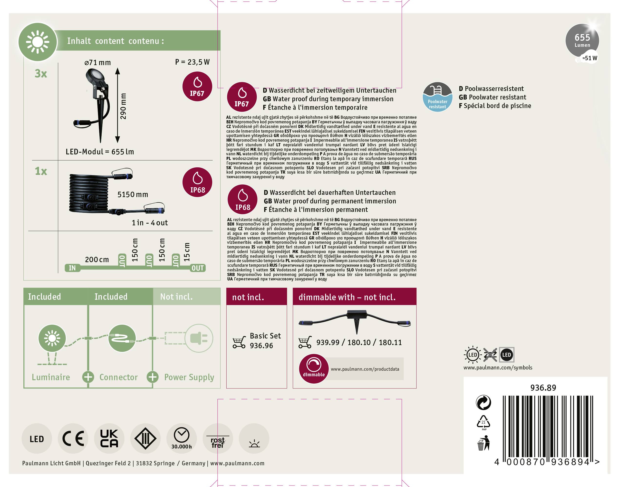 'Spot LED Plug & Shine z mocowaniem gruntowym, światło ciepłe białe. Stopień ochrony IP67, do użytku wewnętrznego i zewnętrznego. Moc: 22,5W, 655 lm.'