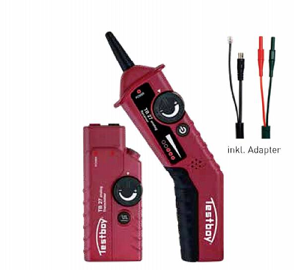 Tester elektryczny 'Testboy' w kolorze czerwonym z lampką sygnalizacyjną i kablem adaptera, przeznaczony do sprawdzania napięcia w systemach elektrycznych.