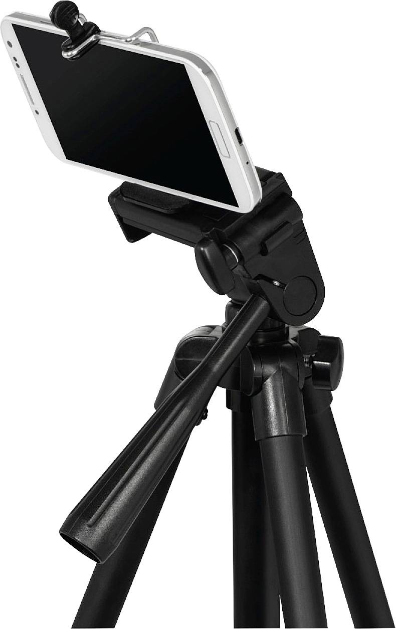 Smartfon zamocowany na statywie, ustawiony do wykonywania zdjęć lub nagrywania wideo. Czarne nogi statywu są stabilne i wysuwane.