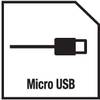 Symbol złącza Micro-USB na czarnym tle z białą obwódką. Tekst: 'Micro USB'.