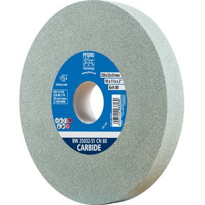 Tarcza szlifierska z niebieską etykietą; napis 'CARBIDE', średnica 250x32x51 mm, ziarnistość 80, informacje dotyczące bezpieczeństwa i prędkości obrotowej.