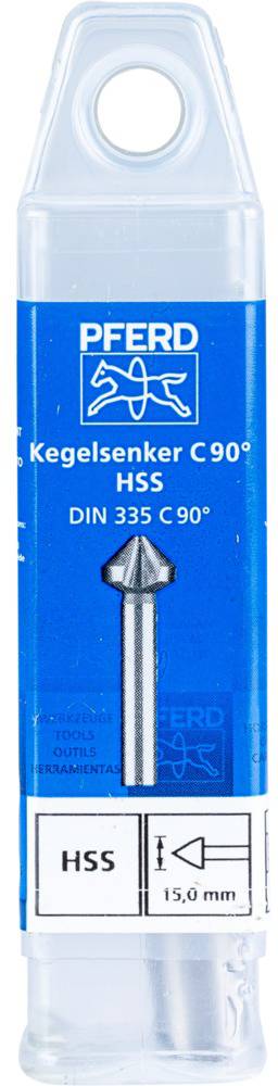 Zestaw pogłębiaczy stożkowych C 90° HSS, marka PFERD, DIN 335 C 90°, średnica 15,0 mm, do precyzyjnego fazowania otworów.