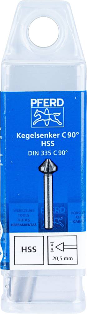 Niebieski plastikowy pojemnik z etykietą na pogłębiacz stożkowy C 90°, HSS, DIN 335 C 90° wraz z ilustracją narzędzia. Rozmiar: 20,5 mm.