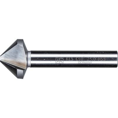 Fazownik metalowy ze spiczastą główką i cylindryczną rękojeścią. Napis 'KES C90 22.0 HSS GERMANY'. Narzędzie do fazowania.