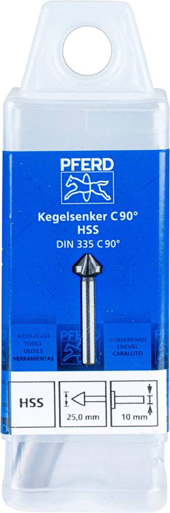 Pogłębiacz stożkowy C90° HSS, DIN 335 C 90° o wymiarach 25,0 mm i 10 mm, w niebieskim opakowaniu marki Pferd.