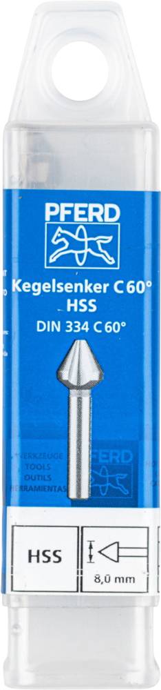 Opakowanie pogłębiacza stożkowego marki PFERD, model C 60°, HSS, rozmiar 8,0 mm, zgodnie z normą DIN 334 C.