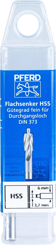 Opakowanie pogłębiacza ze stali szybkotnącej HSS marki PFERD, klasa dokładności drobna do otworów przelotowych, DIN 373, rozmiar 6 mm, średnica otworu 3,2 mm.