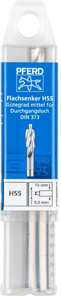 Opakowanie pogłębiacza stożkowego HSS firmy 'Pferd', przeznaczonego do otworów przelotowych. DIN 373, średnica skrawania 15 mm i średnica trzpienia 9 mm.