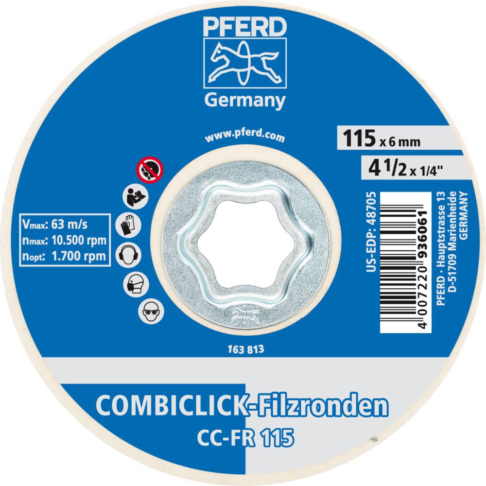 Okrągła tarcza szlifierska marki 'PFERD Germany' z napisem 'COMBICLICK-Filzronden CC-FR 115', maksymalnie 10.500 obrotów na minutę.
