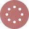 Okrągły, czerwony papier ścierny z dziewięcioma symetrycznie rozmieszczonymi otworami.