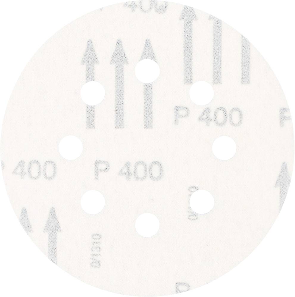 Biały papier ścierny z wzorem otworów, nadrukiem "P 400" i strzałkami.