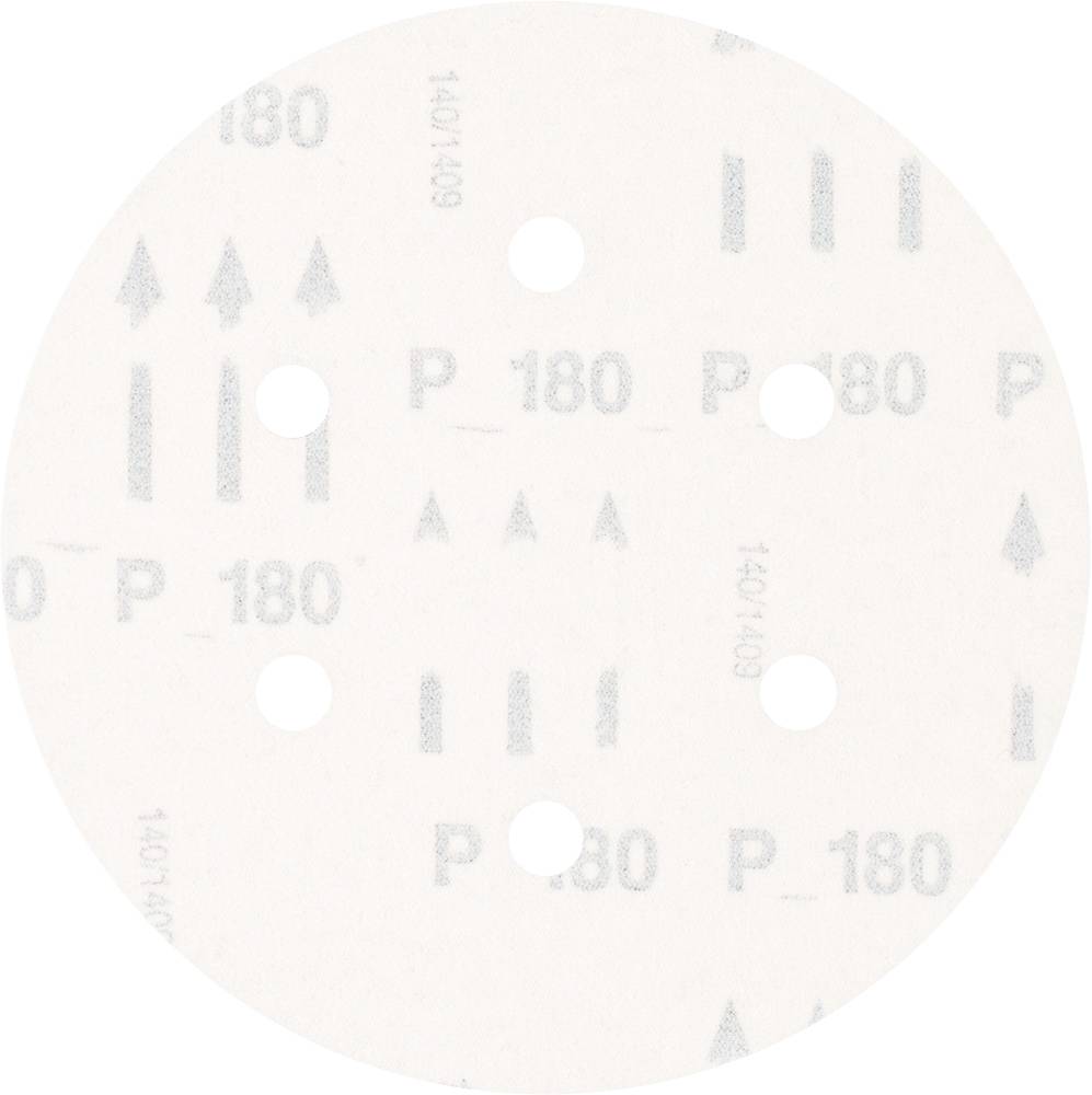 Okrągły papier ścierny z wieloma otworami, nadrukowanym oznaczeniem ziarnistości 'P180' oraz strzałkami wskazującymi kierunek szlifowania.
