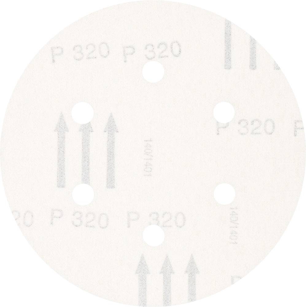 Tarcza szlifierska o gradacji 'P 320', z pięcioma otworami do odpylania, w kolorze beżowym, z wieloma strzałkami i napisami na powierzchni.