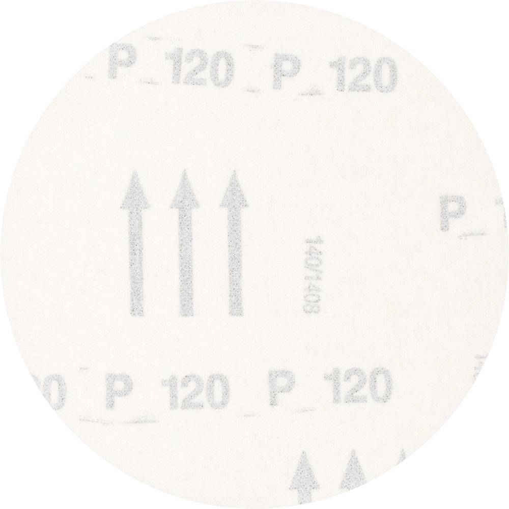 Rewers papieru ściernego z napisem 'P 120' i trzema strzałkami skierowanymi w górę. Odpowiedni do prac szlifierskich o średnim stopniu intensywności.