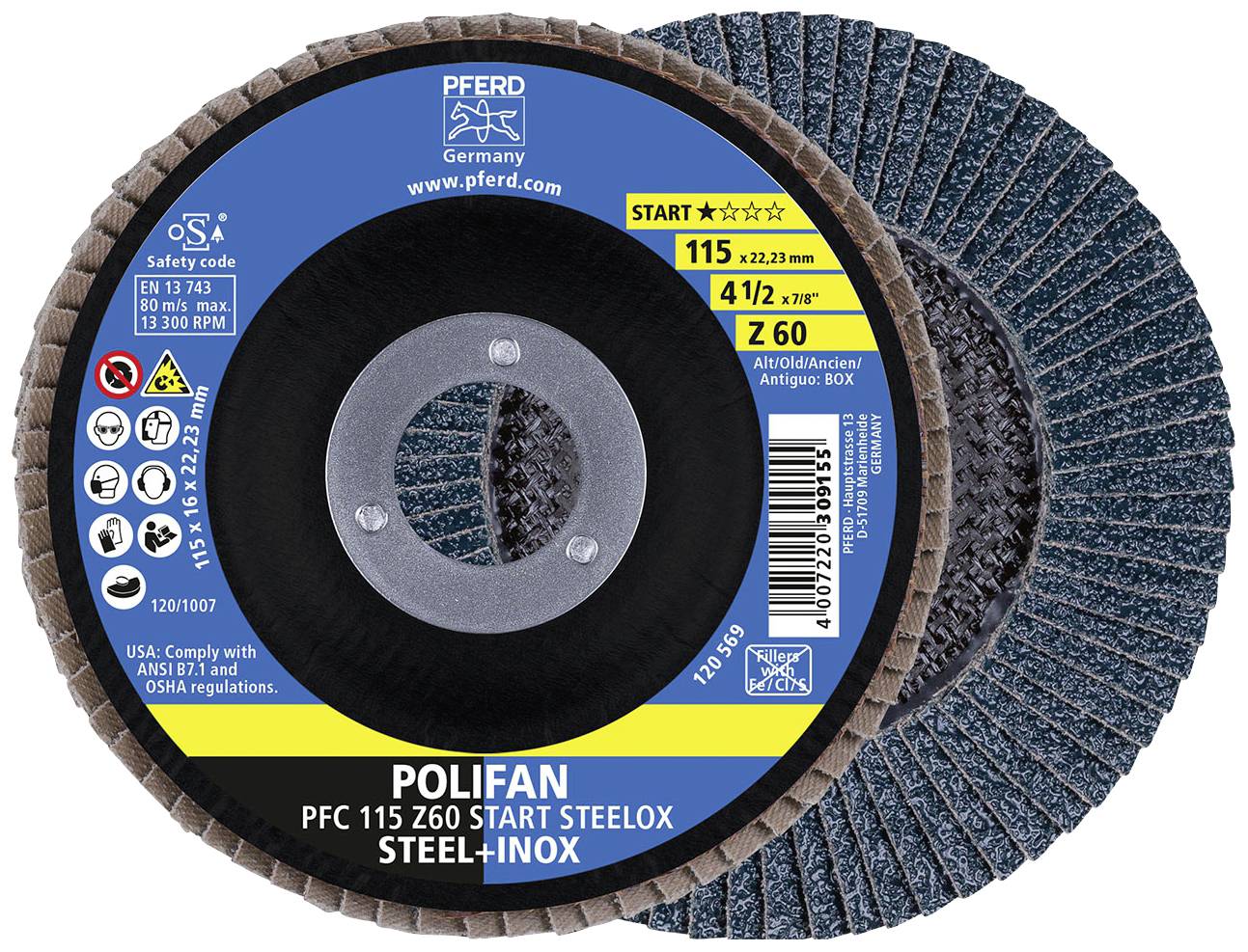 Пелюстковий шліфувальний круг PFERD TOOLS PFC 115 Z 60 START STEELOX 69300937 Діаметр 115 мм 10 шт.