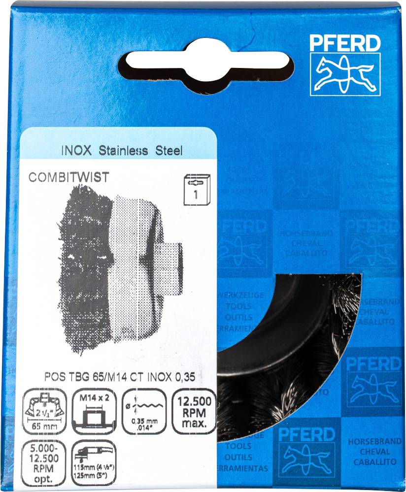 PFERD TOOLS COMBITWIST Чашкова щітка з вузлуватим лезом TBG Ø 65 мм Дріт з нержавіючої сталі M14 Ø 0,35 для кутових шліфувальних м