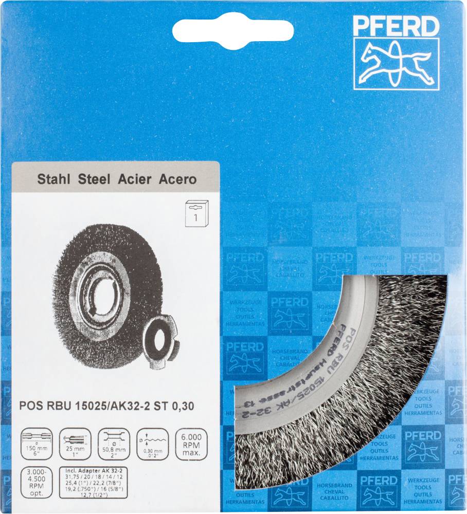 Широка кругла щітка PFERD TOOLS POS, без зв'язку, RBU 150 150 x 25 мм, змінний отвір, сталевий дріт Ø 0,30 для шліфувальної машини