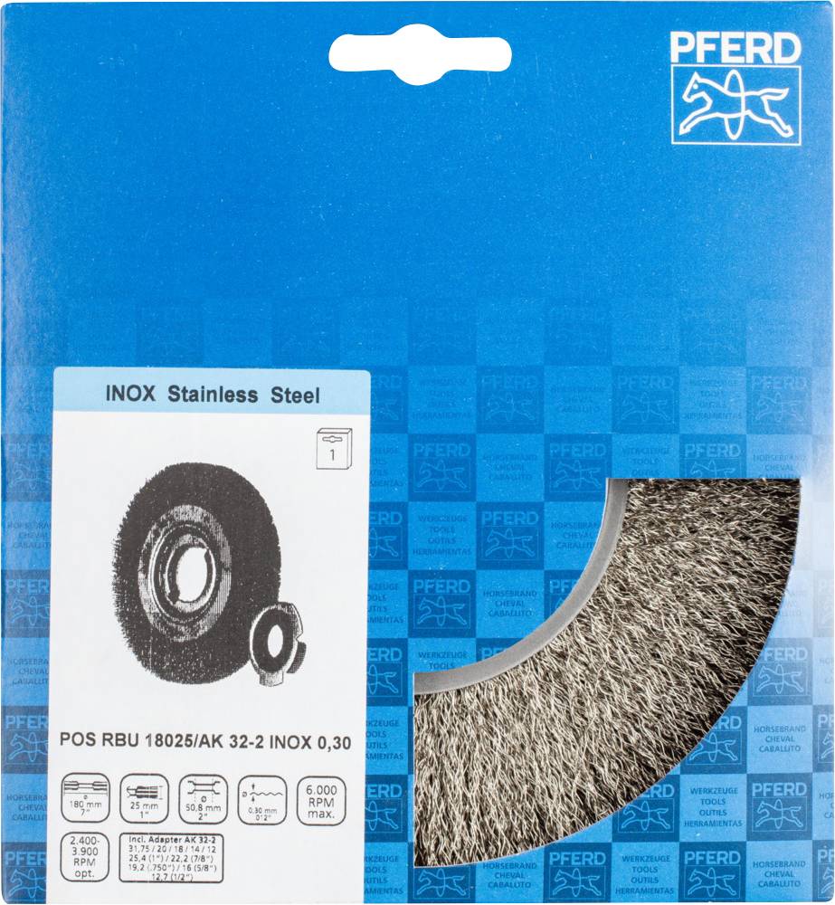 Szczotka druciana w opakowaniu. Napis: 'INOK Stal nierdzewna'. Szczegóły produktu i informacje o zastosowaniu są widoczne na opakowaniu.