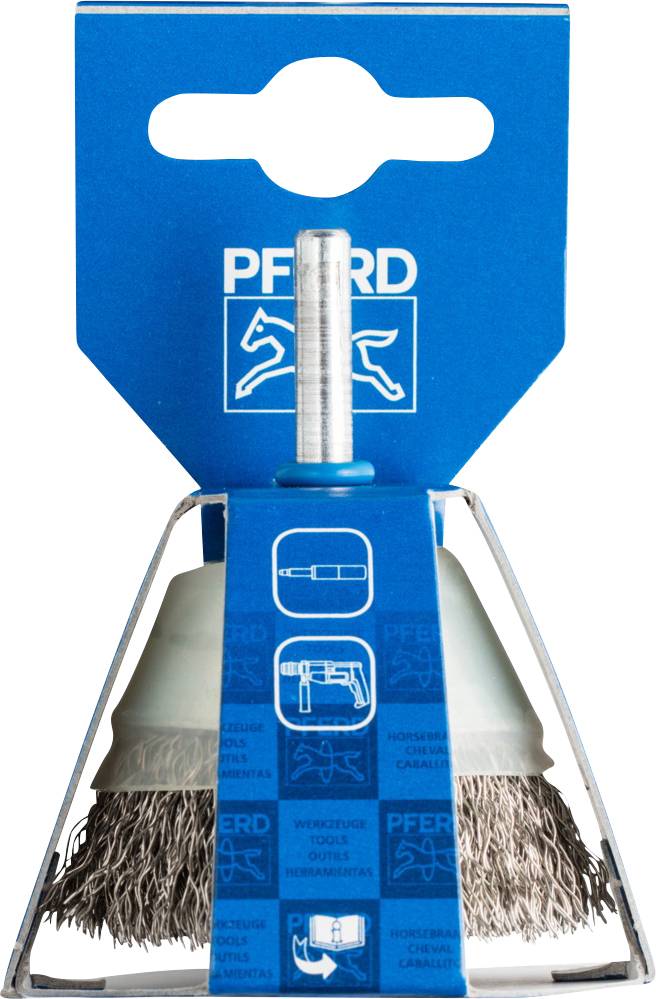 Szczotka druciana marki 'Pferd' zapakowana w niebieskie pudełko. Służy do czyszczenia i usuwania rdzy z powierzchni metalowych.