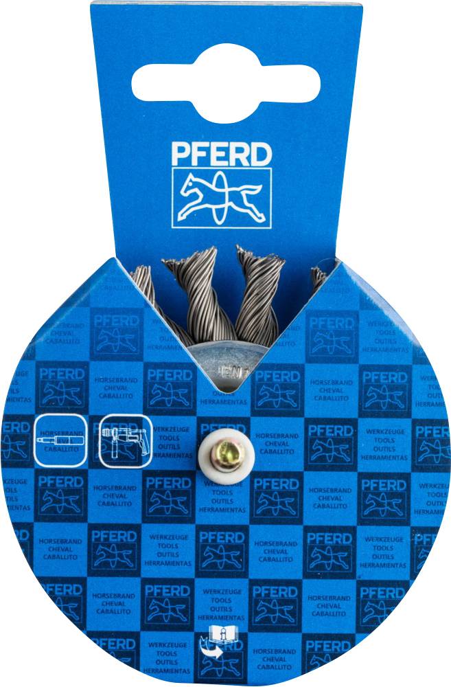 Zestaw szczotek drucianych 'PFERD' w niebieskim opakowaniu z logo.