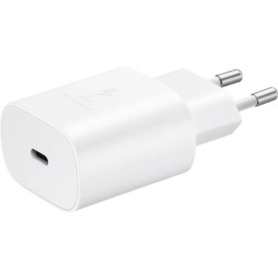 Białą ładowarkę USB-C do szybkiego ładowania z europejskim wtyczką, przedstawioną pod lekko skośnym kątem.