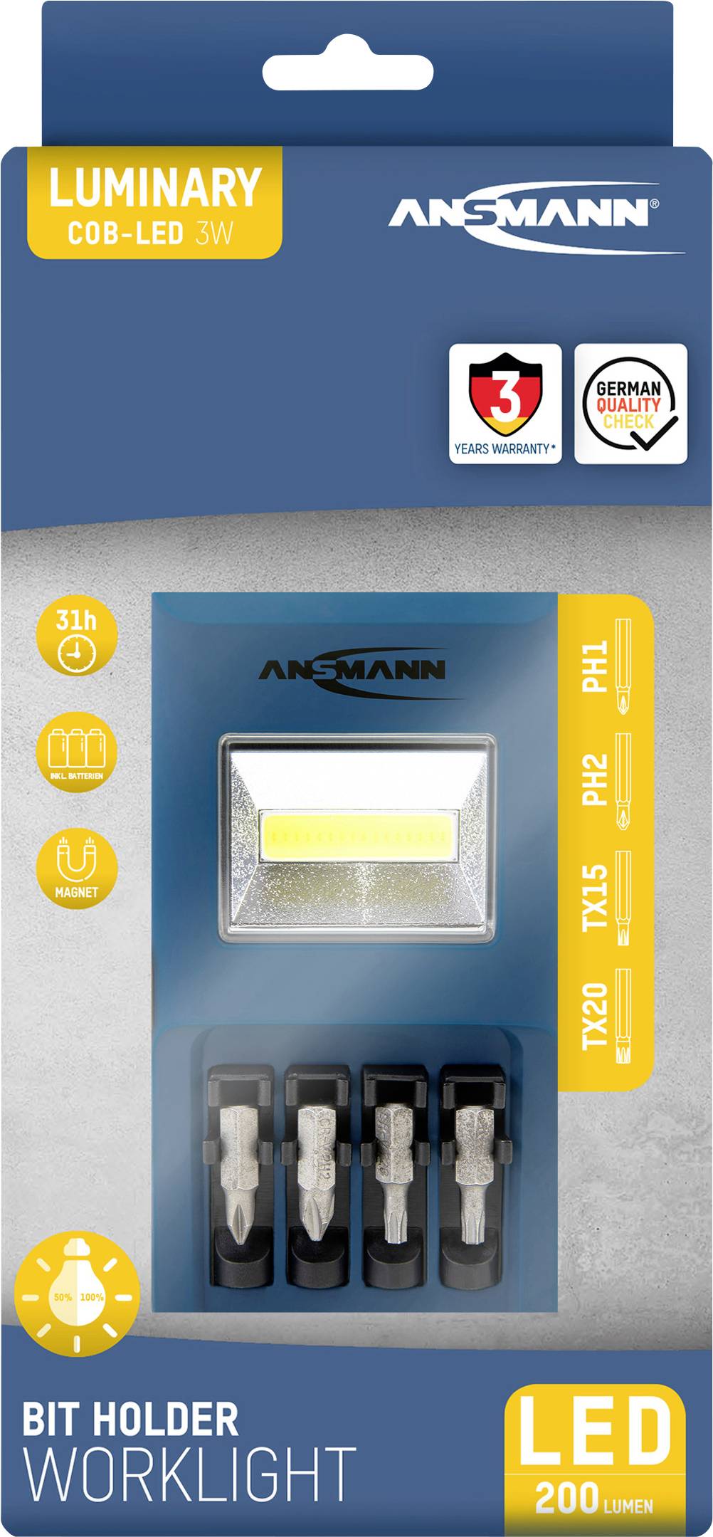Opakowanie lampy roboczej LED z 3-watową diodą COB firmy Ansmann. Zawiera uchwyt na bity i oferuje jasność 200 lumenów z czasem pracy 31 godzin.