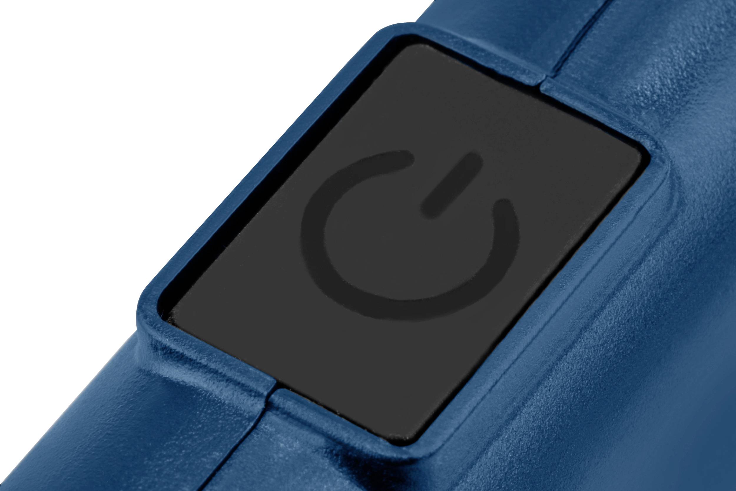 Zbliżenie niebieskiego przełącznika z czarnym prostokątem i szarym symbolem włączania/wyłączania na nim.