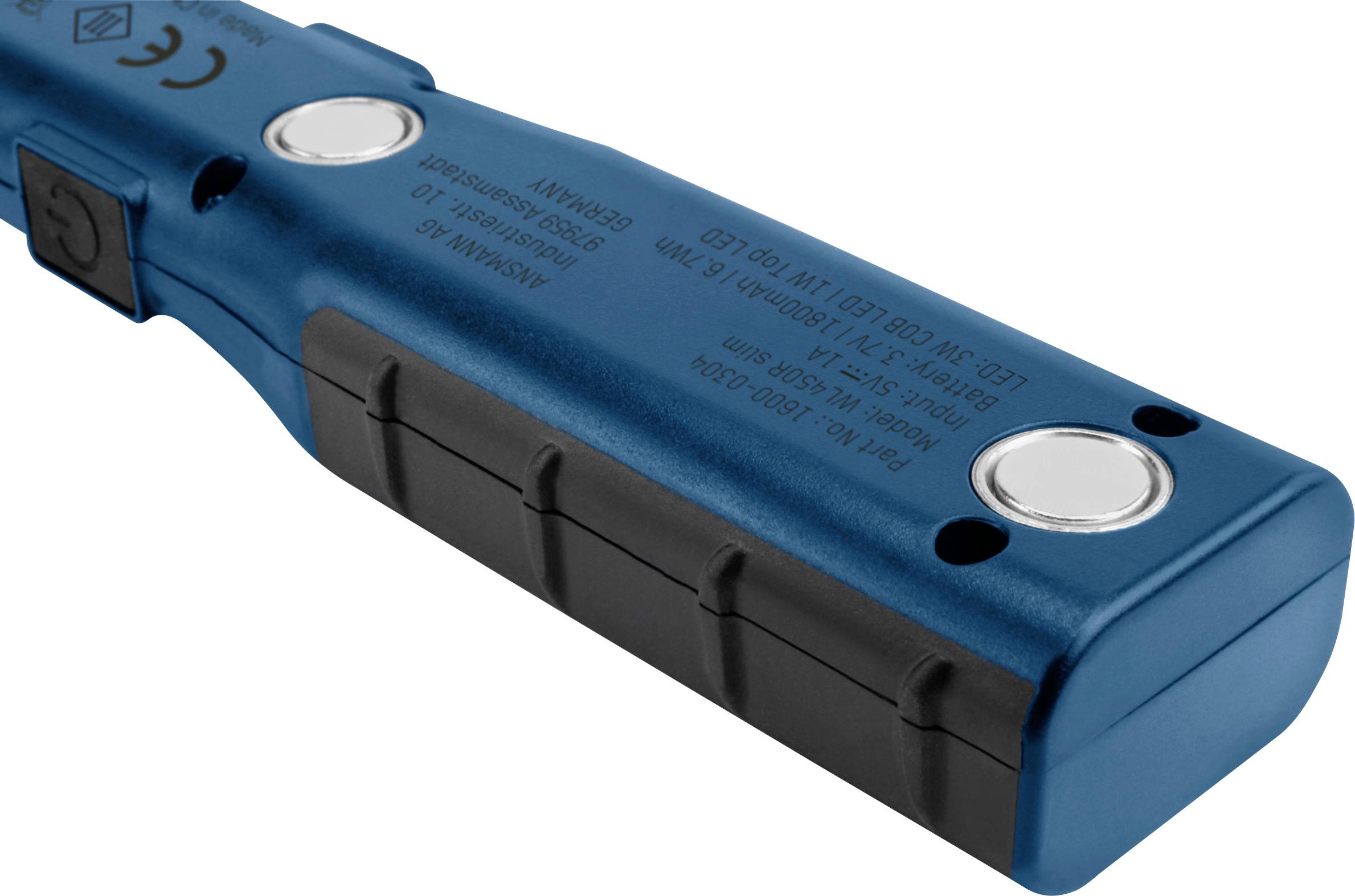 Elektroniczny przyrząd pomiarowy w kolorze niebieskim z dwoma przyciskami i oznakowaniem CE. Na powierzchni wyświetla specyfikacje techniczne.