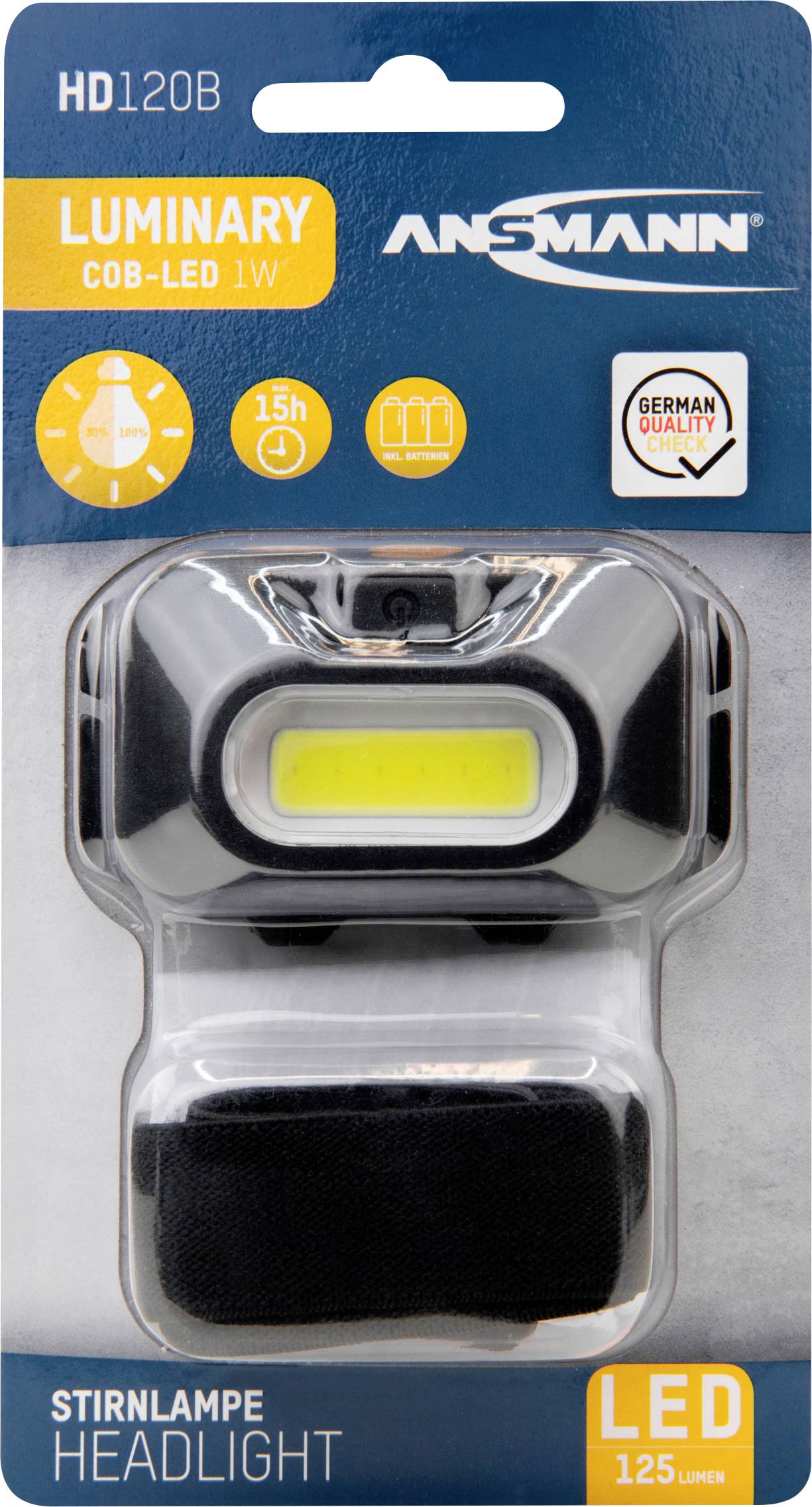 Opakowanie czołówki Ansmann, model Luminary COB-LED 1W, przedstawia lampę z diodą LED, z pomarańczowymi detalami i napisami.