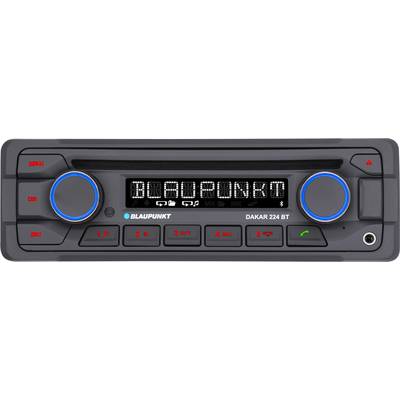 Radioodtwarzacz samochodowy z odtwarzaczem CD; marka Blaupunkt, model Dakar 224 BT. Wyświetlacz pokazuje logo Blaupunkt. Elementy sterujące do wyboru stacji radiowej i regulacji głośności.
