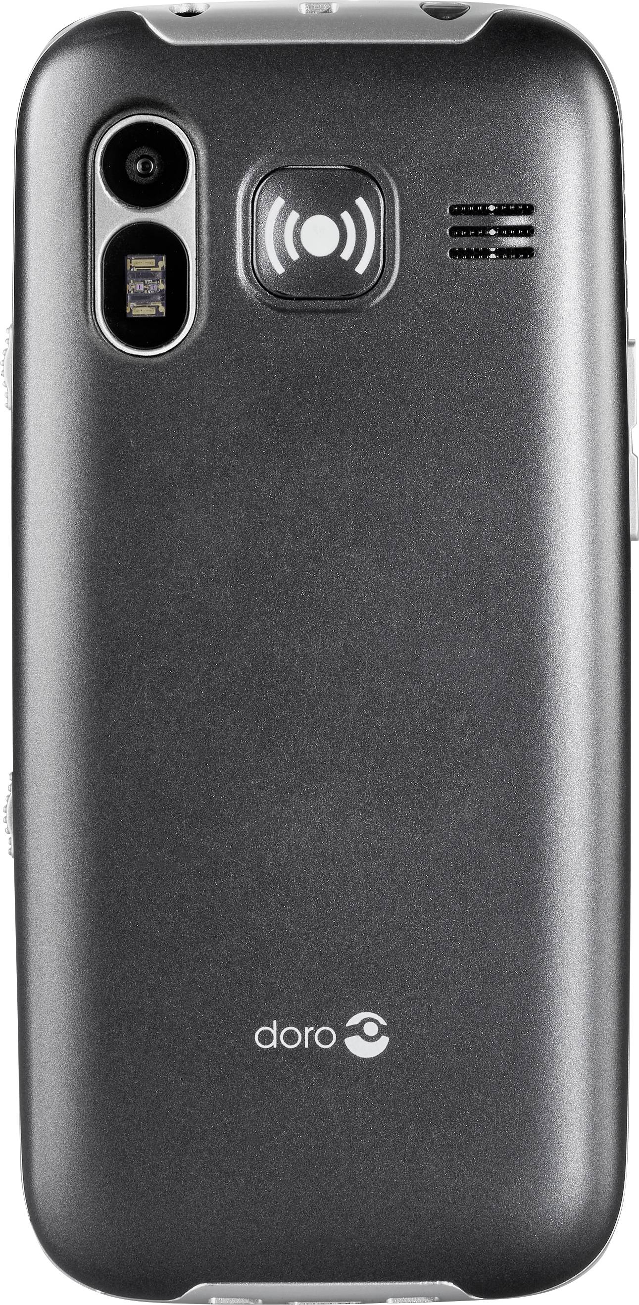 Prosty telefon komórkowy, czarna tylna obudowa, obiektyw aparatu w lewym górnym rogu, otwór głośnika w prawym górnym rogu, logo Doro na dole.