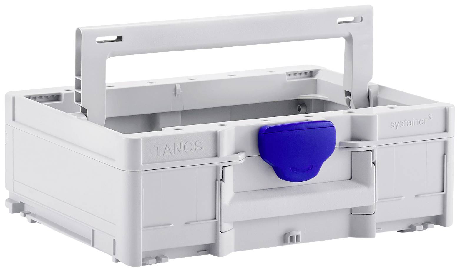 Szary pojemnik do przechowywania z uchwytem i niebieskim zamknięciem, odpowiedni do narzędzi lub drobnych elementów.