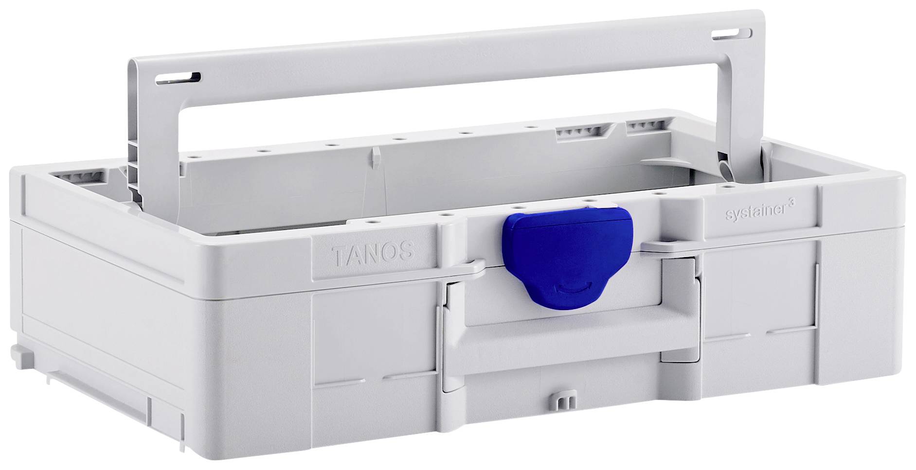 Szary plastikowy skrzynka narzędziowa z niebieskim zamknięciem i składanym uchwytem.