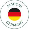 Wyprodukowane w Niemczech: Okrągła naklejka z niemiecką flagą pośrodku i tekstem 'Made in Germany' dookoła.