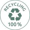 Symbol recyklingu z tekstem 'Recycling 100%' w kole, symbolizujący całkowity recykling.