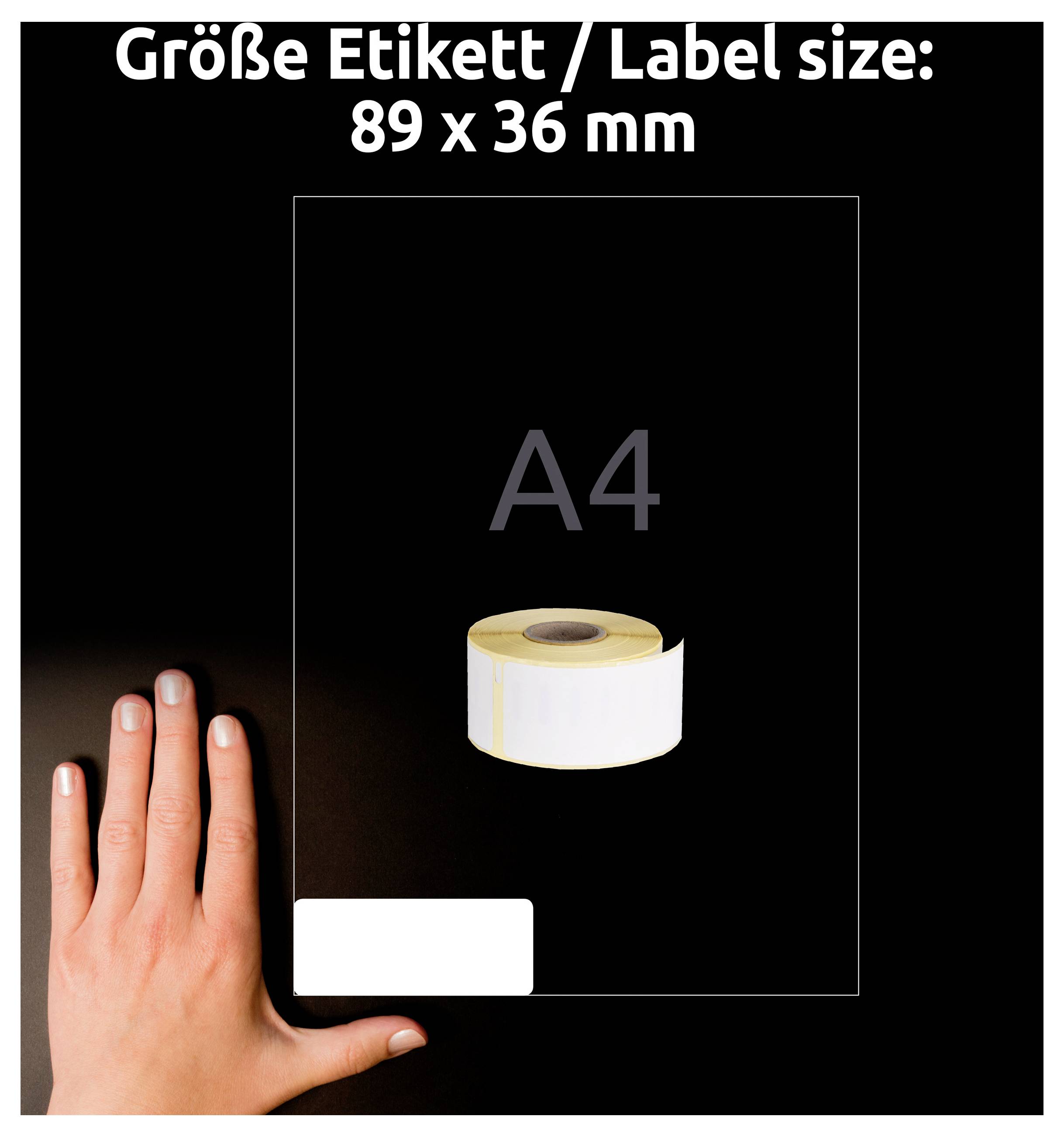 Grafika porównawcza: Rozmiar etykiety '89 x 36 mm' na stronie A4; mała rolka etykiet w stosunku do ręki jako skala odniesienia.