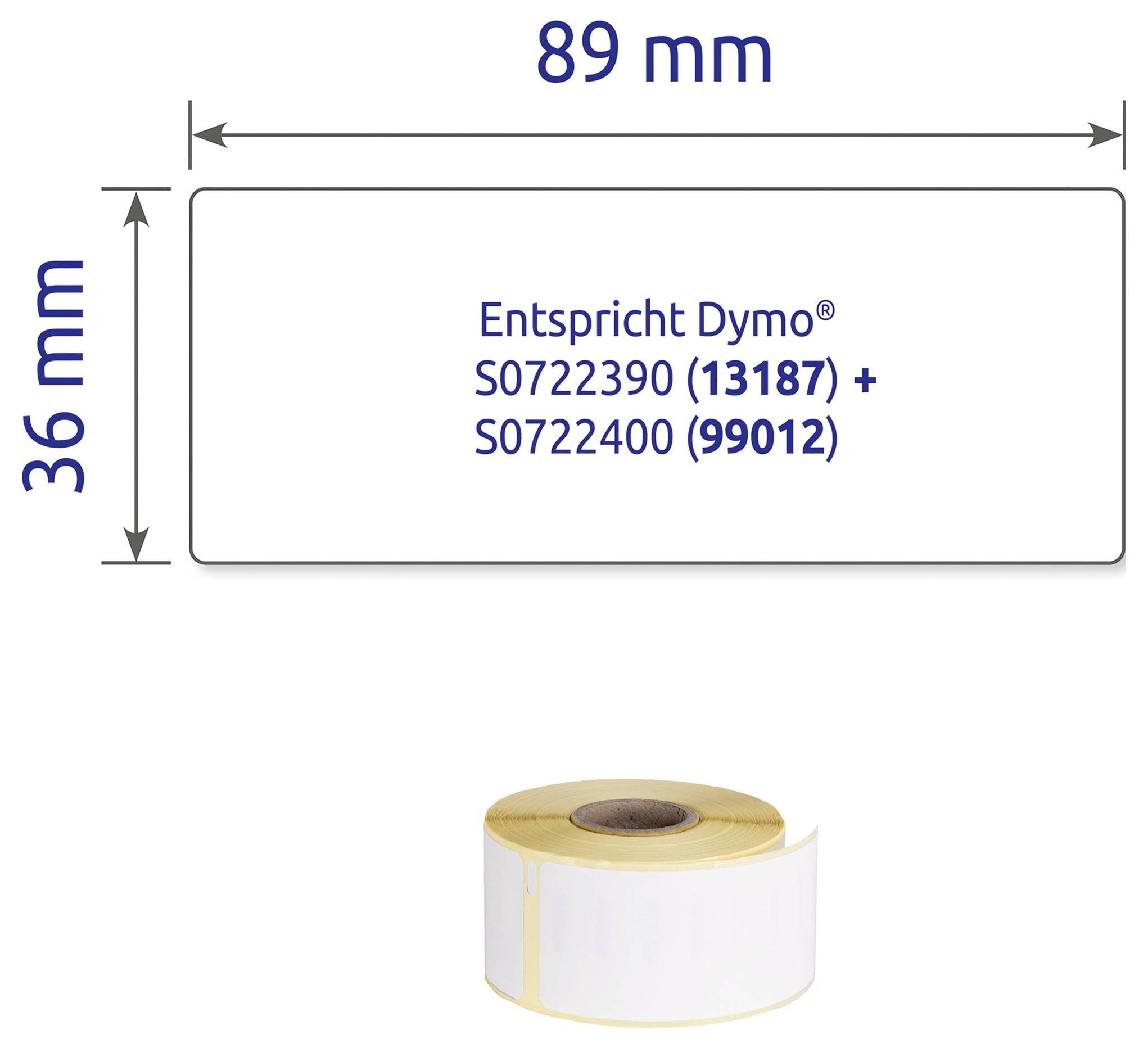 Rolka etykiet 89 x 36 mm, zgodna z Dymo S0722390 (13187) + S0722400 (99012); rolka przedstawiona poniżej