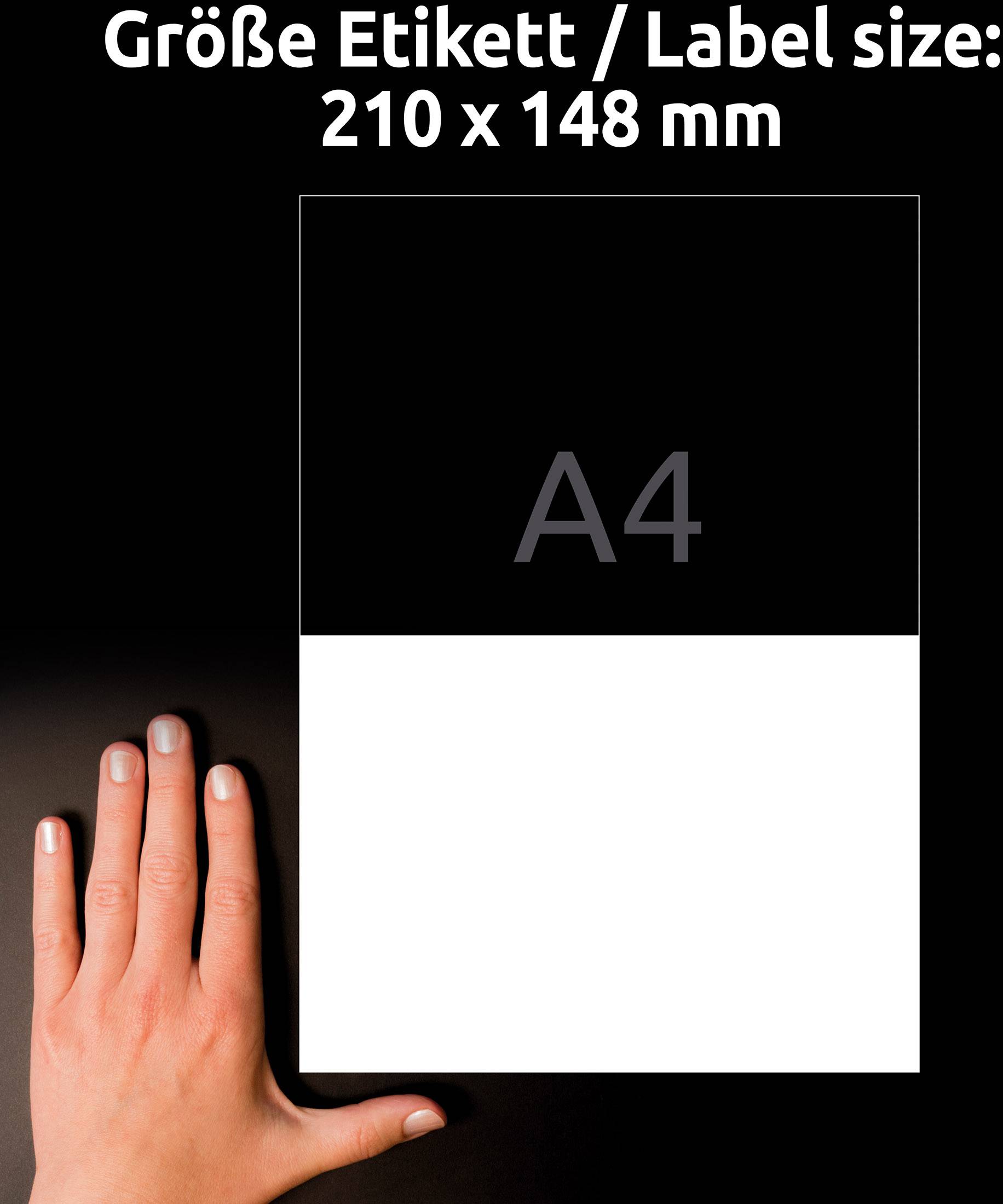 Dłoń wskazuje na arkusz w formacie A4, który jest podzielony na połowę - czarną i białą, z napisem 'Rozmiar etykiety / Label size: 210 x 148 mm'.