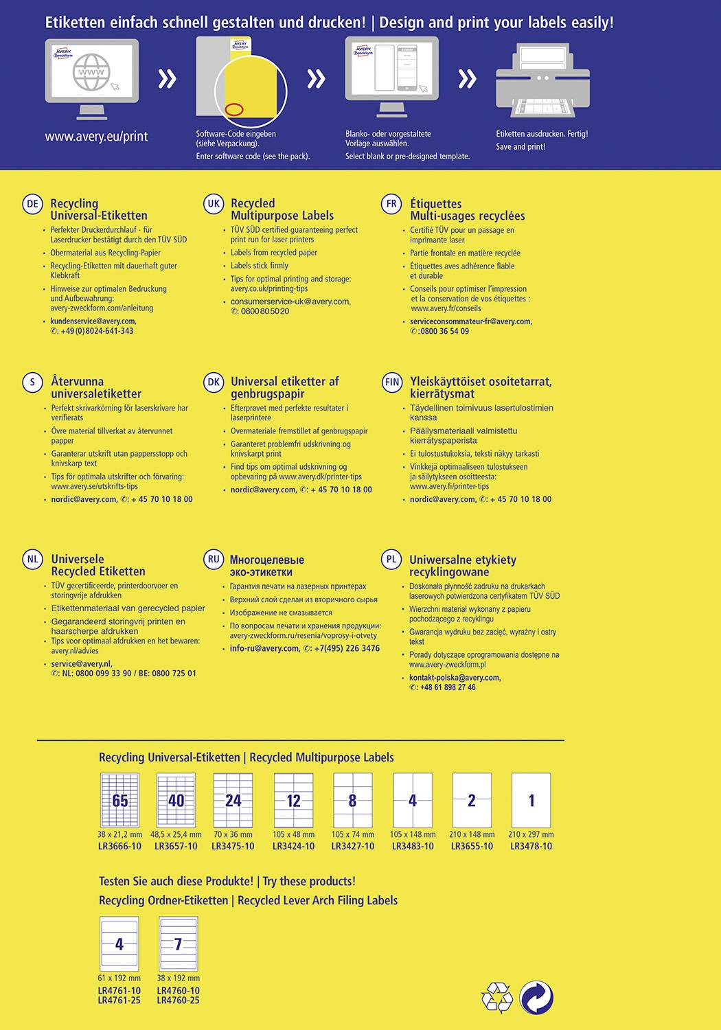 Żółta infografika dotycząca etykiet z recyklingu firmy Avery, zawierająca typy produktów, numery zamówień, wymiary oraz wskazówki dotyczące zastosowania.