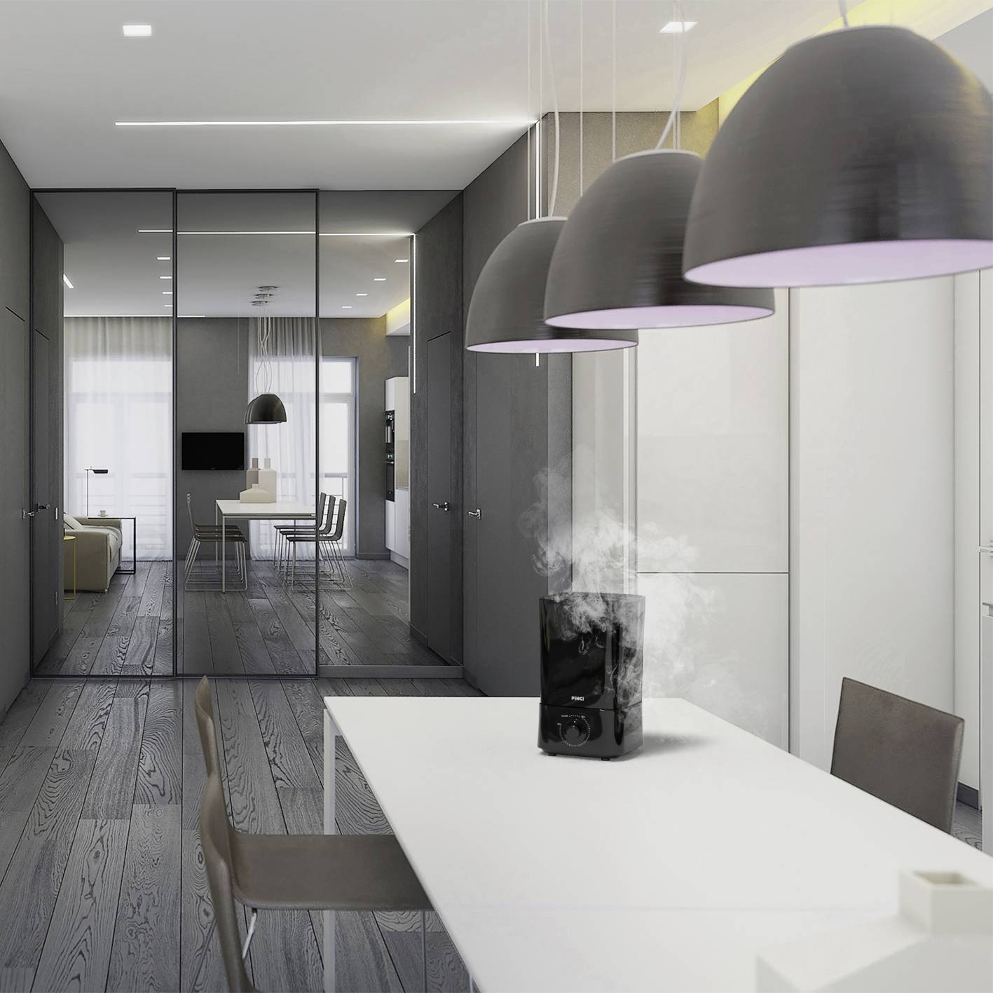 Nowoczesna jadalnia z białym stołem, czarnymi krzesłami i dużymi lampami wiszącymi. W tle widoczne są wysokie szafki i lustro. Na stole stoi urządzenie parowe.