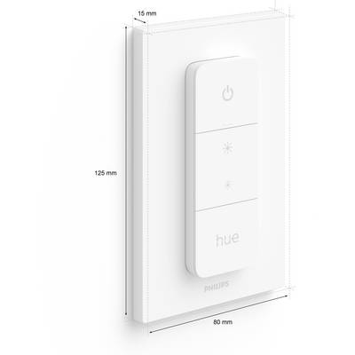 Przełącznik ściemniający Philips Hue o wymiarach 125 mm x 80 mm i grubości 15 mm, wyposażony w włącznik/wyłącznik oraz regulację jasności.