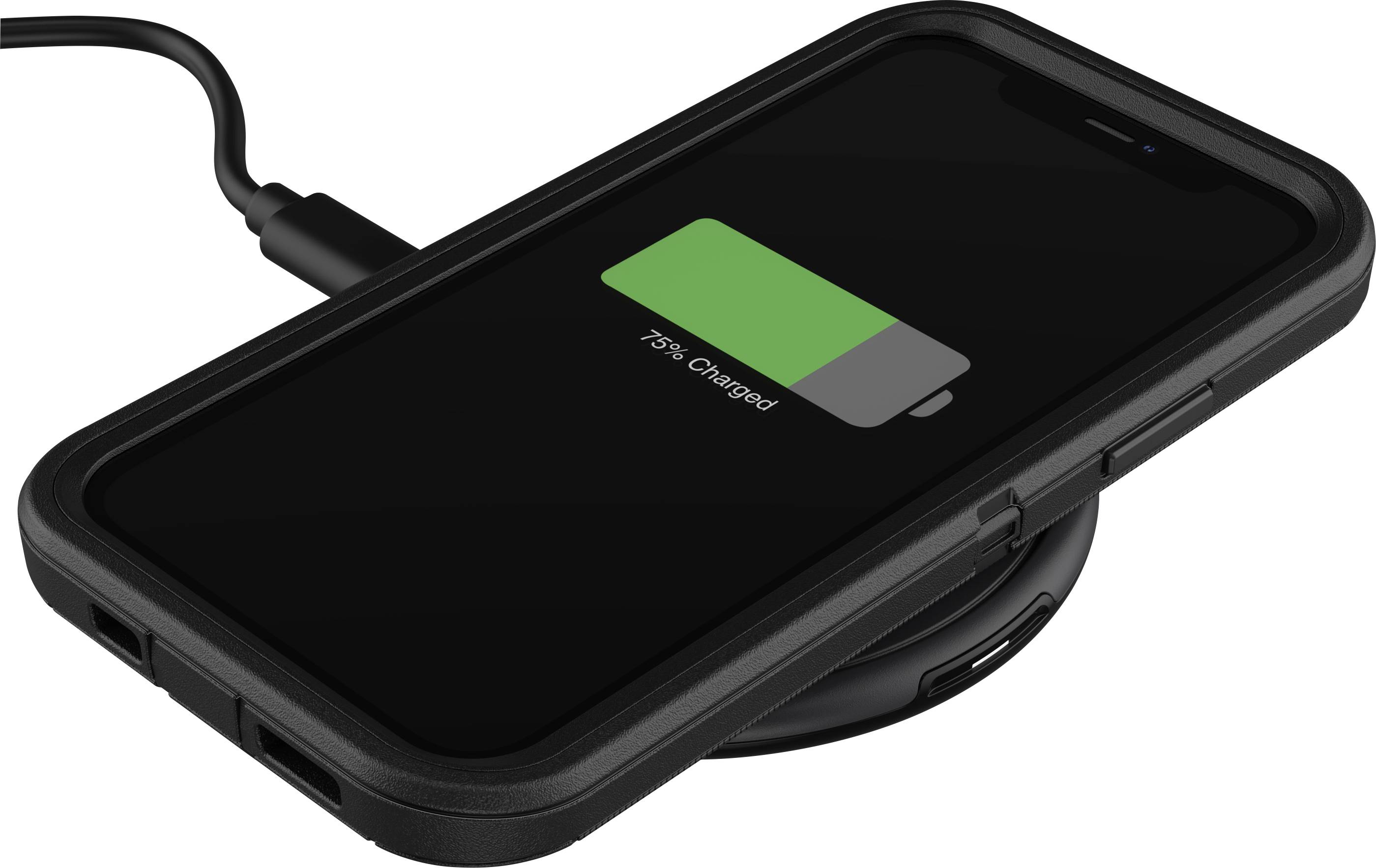 Smartfon leży na bezprzewodowej stacji ładującej. Ekran wyświetla stan naładowania na 75%.