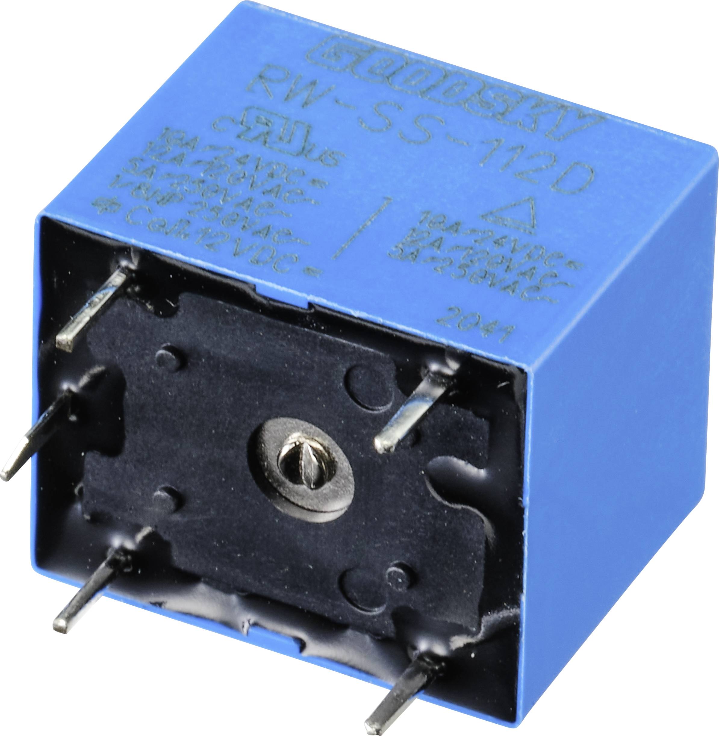 Niebieskie elektryczne przekaźnik z wieloma metalowymi pinami i napisem. Typ: RW-SS-112D. Zastosowanie: przełączanie obwodów elektrycznych.