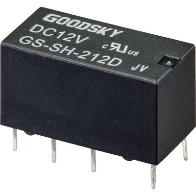 Przekaźnik obudowany z 5 metalowymi stykami, na którym widnieje napis 'GOODSKY DC12V GS-SH-212D'; nadający się do obwodów elektronicznych.