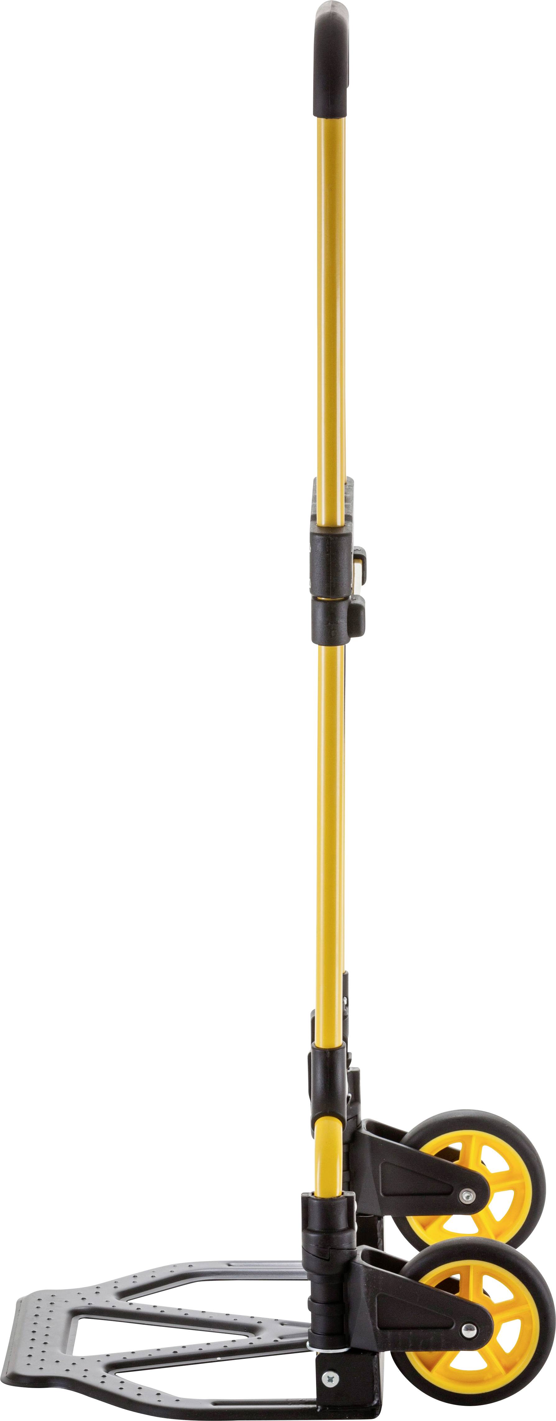 'Widok z boku żółtego wózka transportowego z dwoma kołami i czarną rączką, przydatnego do przewożenia ciężkich przedmiotów.'