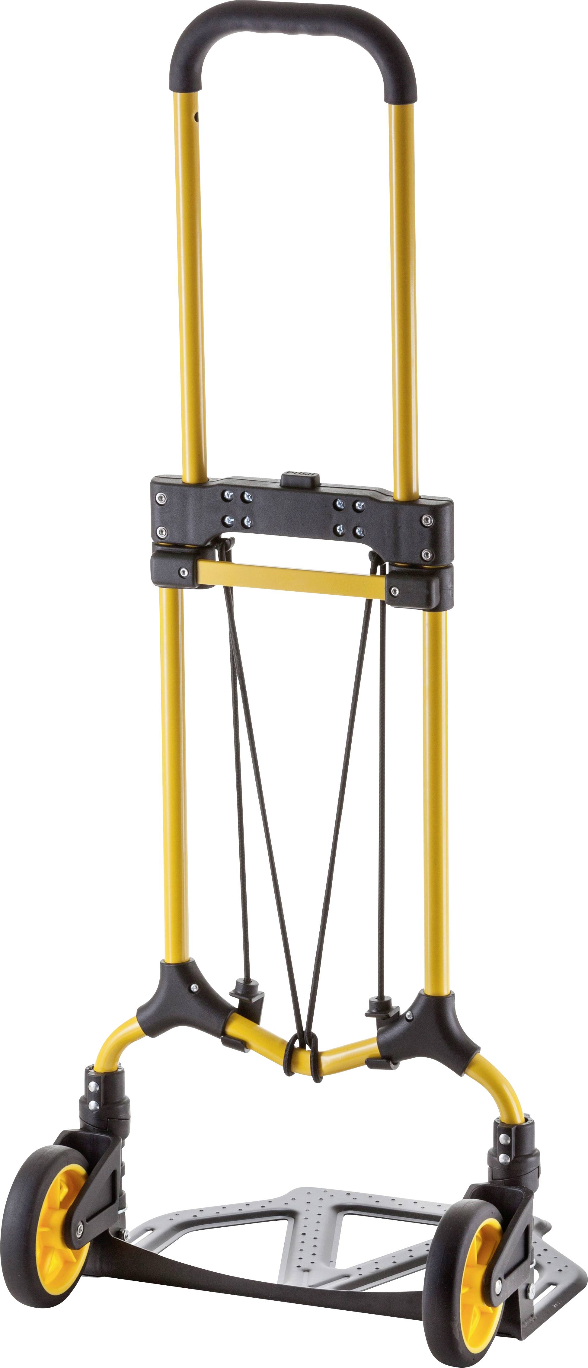 Składany wózek metalowy z żółtą ramą i czarnymi uchwytami. Odpowiedni do transportu ładunków.