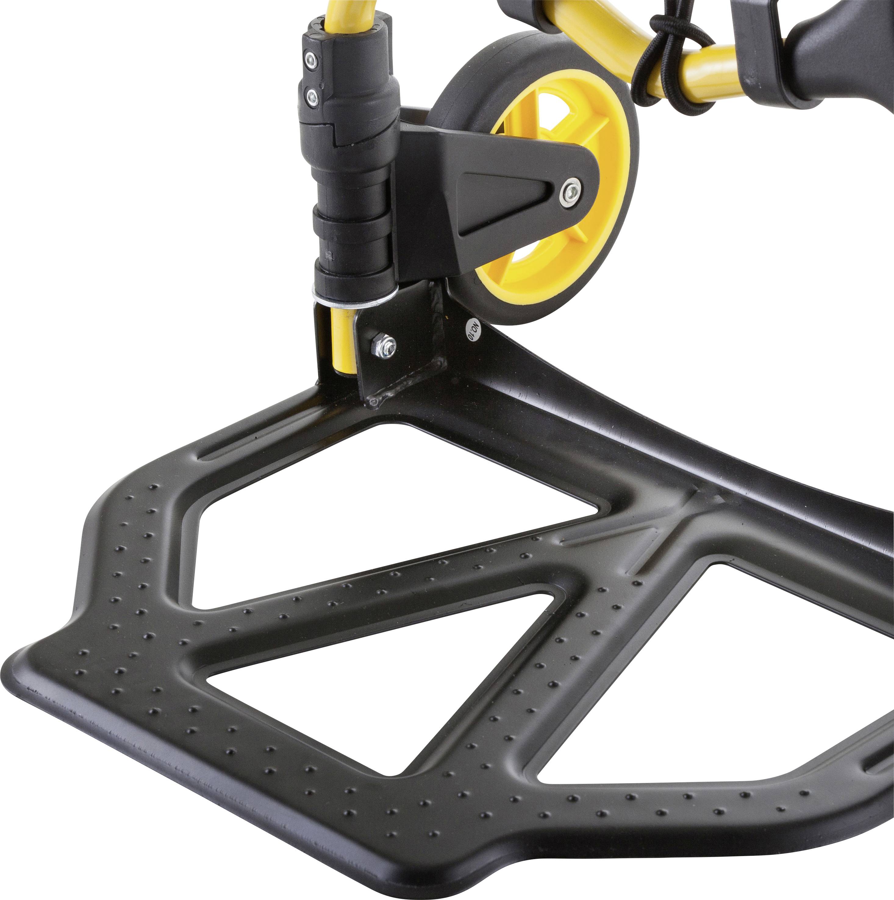 Podnóżek wózka inwalidzkiego wykonany z czarnego metalu z żółtym kółkiem. Prezentuje stabilną konstrukcję zapewniającą bezpieczne podparcie stóp.