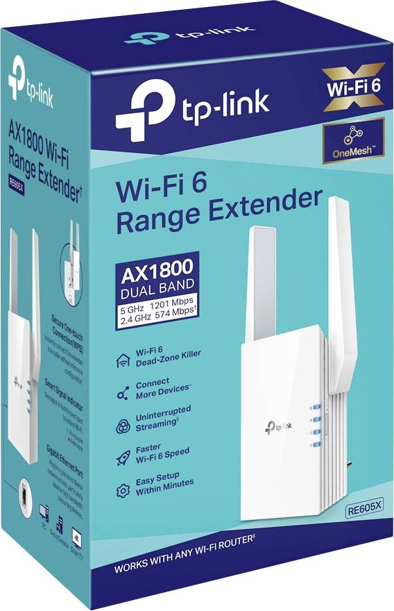 Wzmacniacz zasięgu Wi-Fi 6 firmy TP-Link (model RE605X). Obsługuje pasma dualne z 5 GHz przy 1201 Mb/s i 2,4 GHz przy 574 Mb/s.