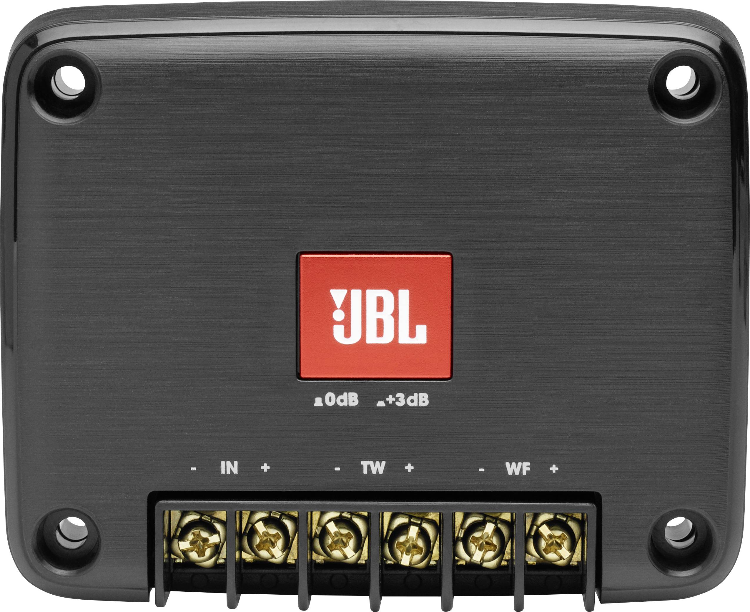 Czarna crossover JBL z czerwonym logo pośrodku, złączami 'IN', 'TW', 'WF', przełącznikiem 0dB/+3dB, czterema otworami na śruby.